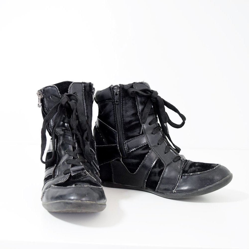 Black Faux Leather & Crushed Velvet Wedge Sneakers